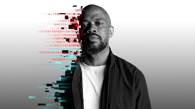 Man in Jacket with binary code streaming from the left side of his body