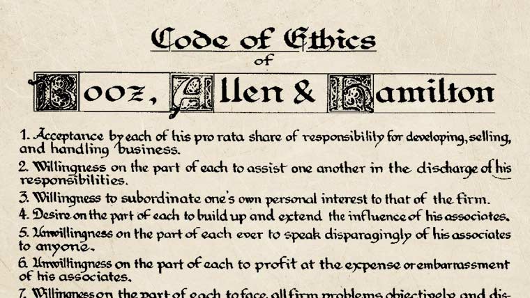 Old document listing Booz Allen’s code of ethics in an elaborate script