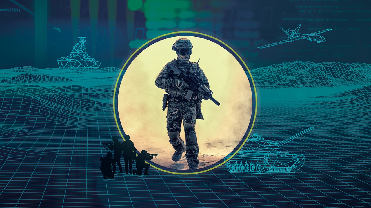 Soldier armed and running forward over a battleground data visualization showing a tank, ship, and airplane.
