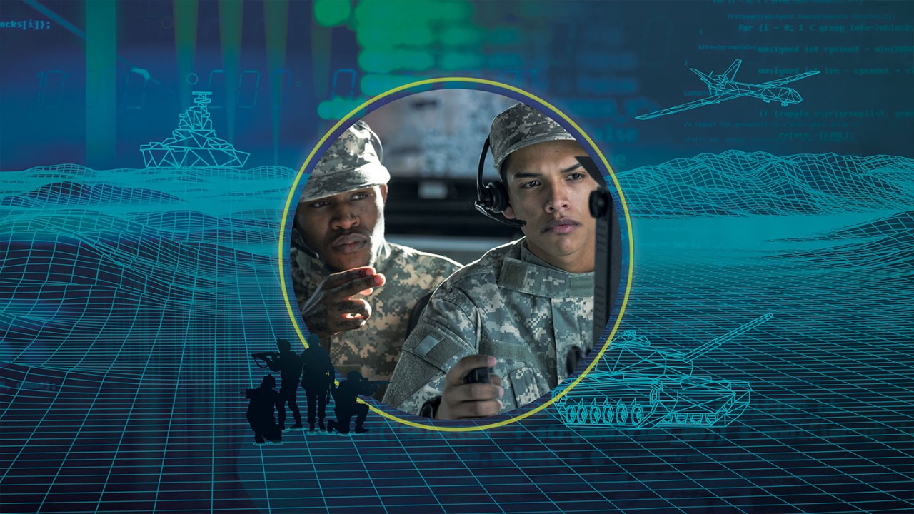 Two soldiers overlaid on top of a digital rendering with a tank, battleship and airplane.