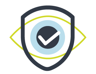 Shield with checkmark over an eye icon.