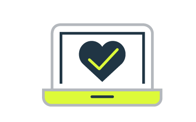 Checkmark inside a heart on a laptop icon.