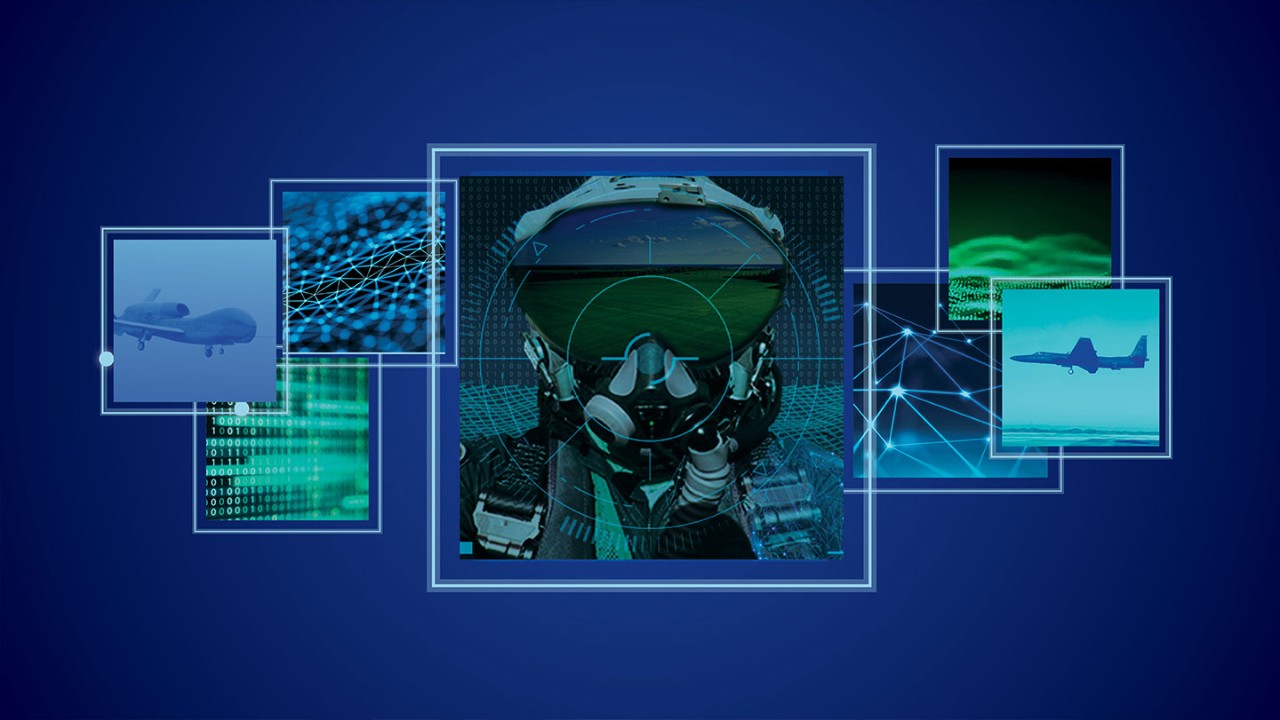 Fighter pilot surrounded by an airplane, a fighter jet and data connection lines.