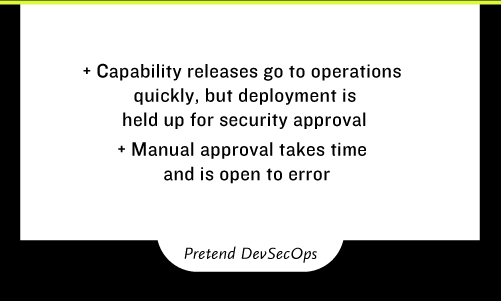 Capability releases go to operations quickly, but deployment is held up for security approval -Manual approval takes time and is open to error