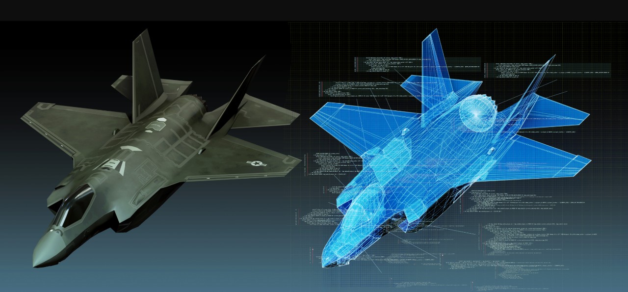 A fighter jet alongside its digital twin shown in blue.