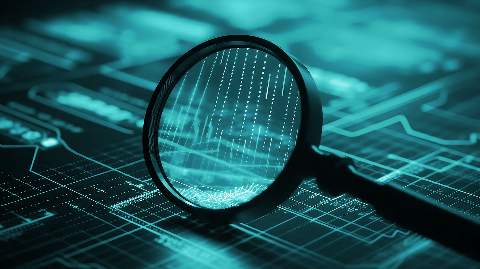 image of a magnifying glass over technical blueprint