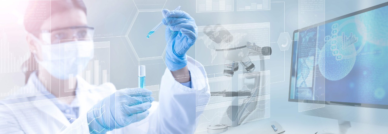 Medical equipment and data overlayed onto an image of a female healthcare researcher dropping liquid into a test tube.