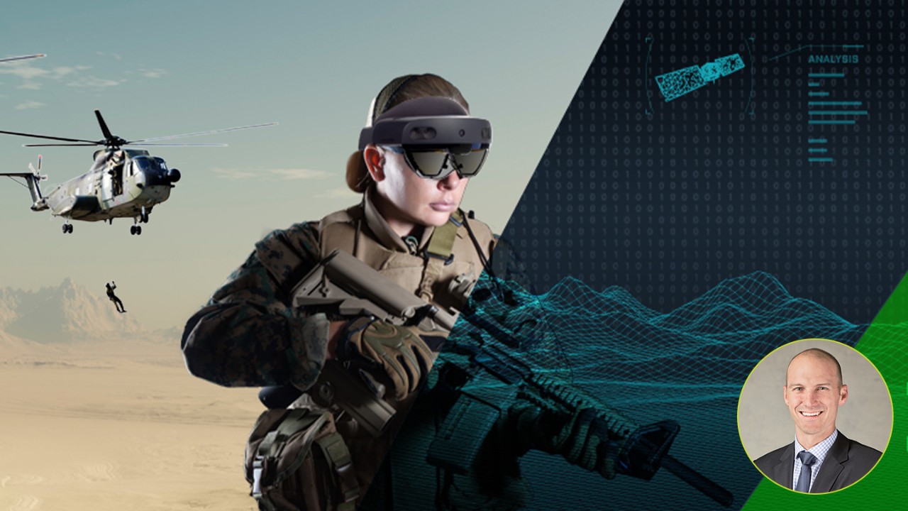 Female solider armed with a rifle on the battlefield overlaid on a digital rendering of a landscape and satellite.