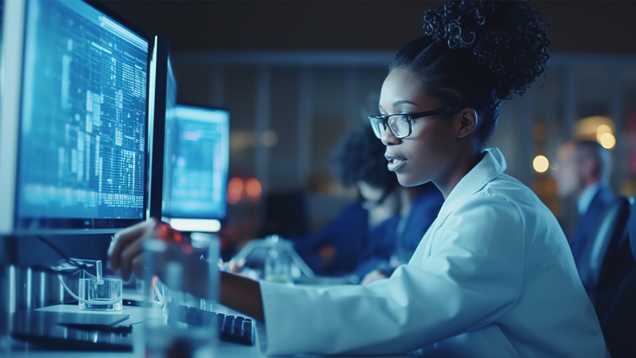 female scientist using computer