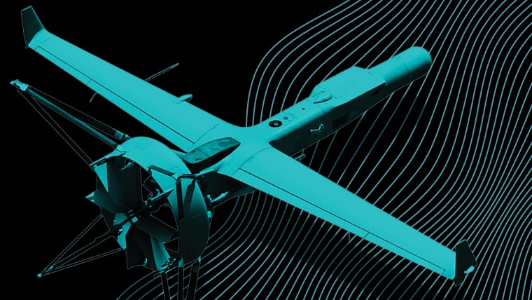 Shield-AI's V-Bat drone flying over an illustrated field