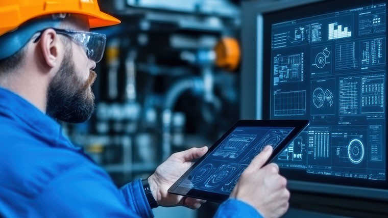 man in hardhat looking at computer screen in a factory