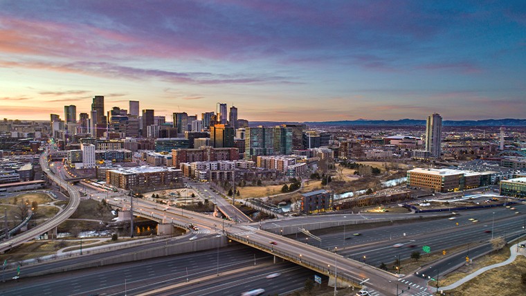Dusk cityscape with buildings