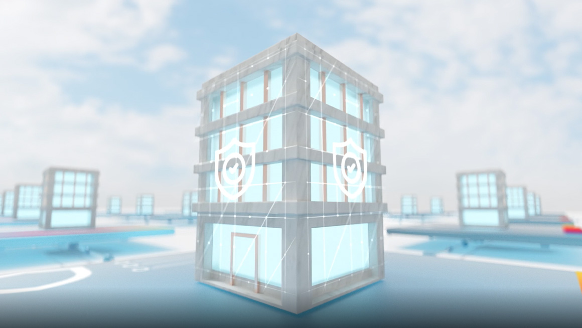 Building with shield icon.