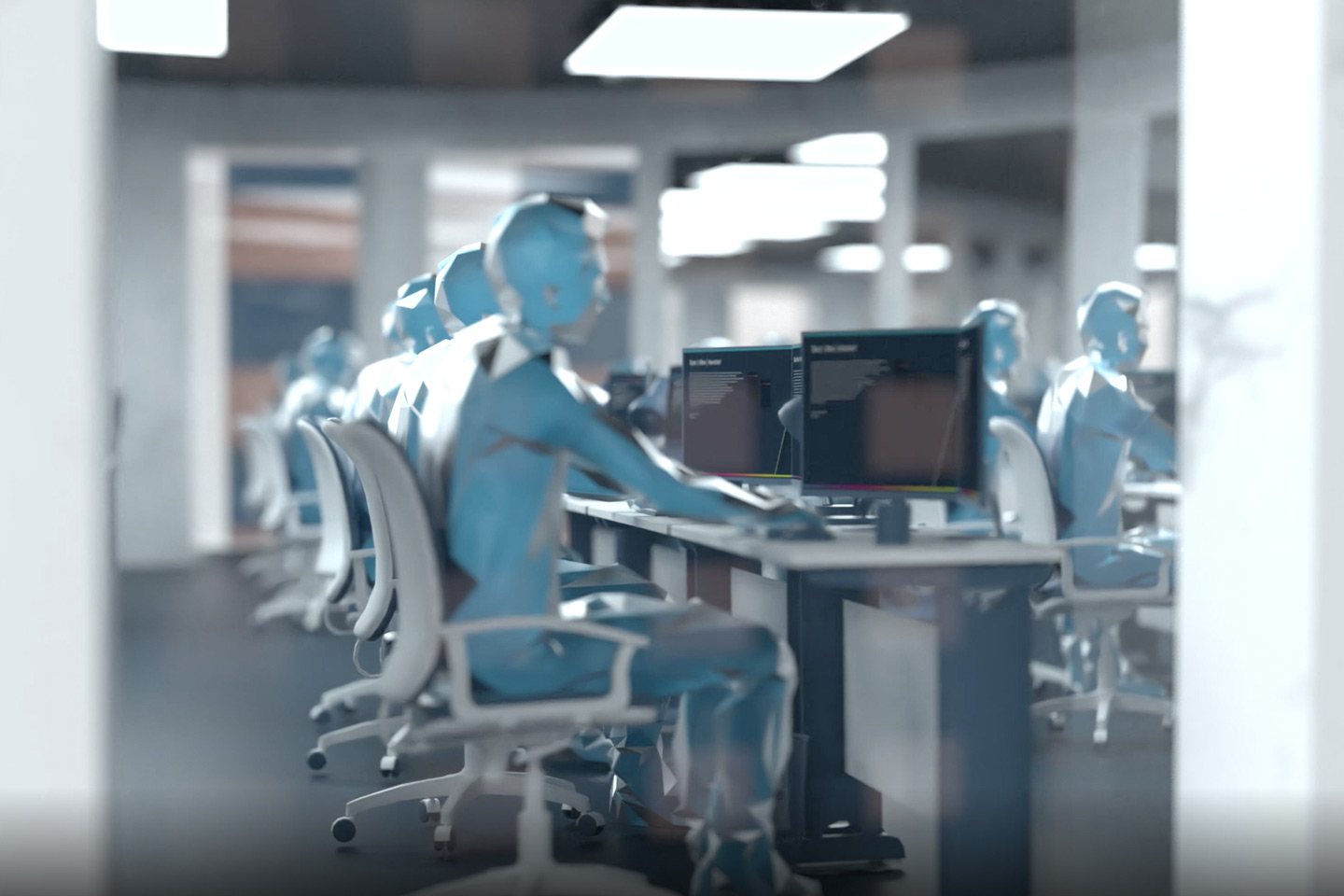 Allegorical representation of Booz Allen's cyber threat hunting analytics as robots at computer stations.