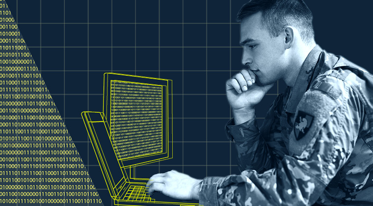 soldier looking at desktop