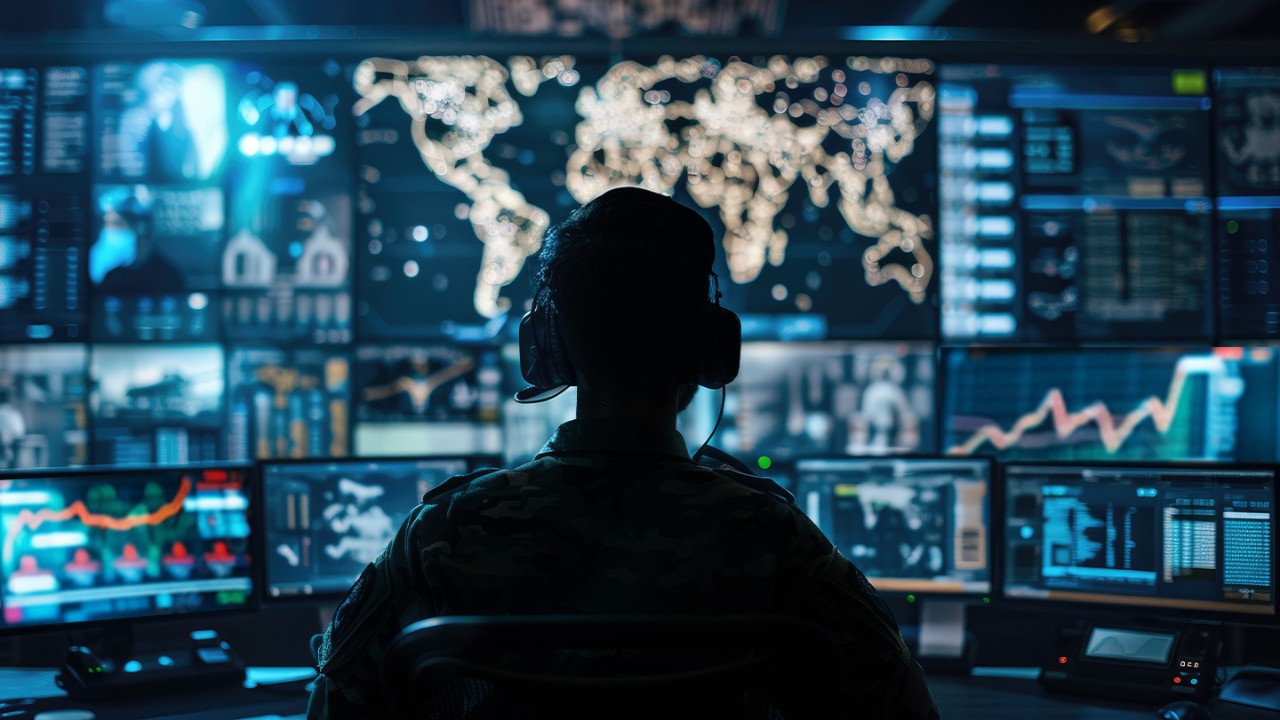 Military personnel looking at data on screens in a military control room