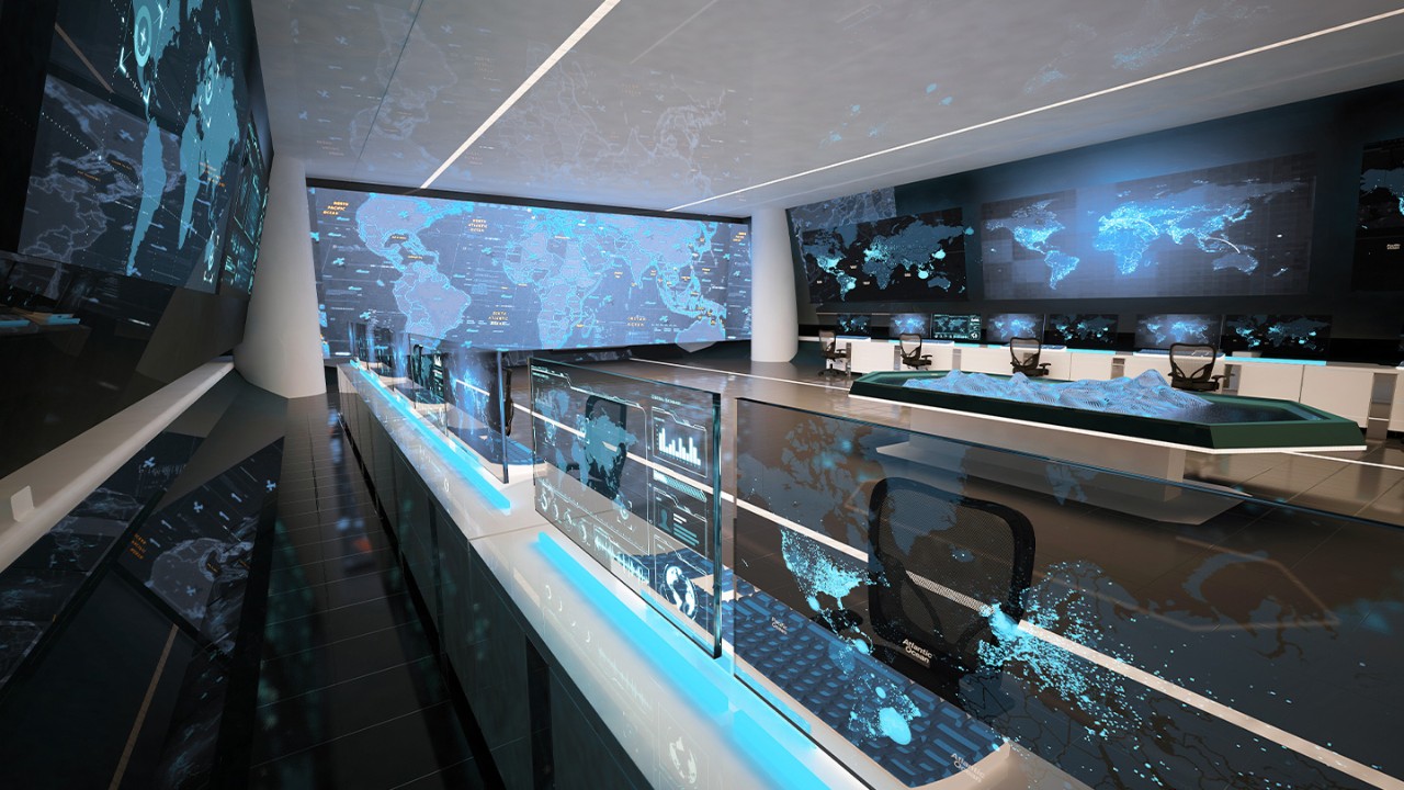 Picture of a command center with futuristic computer screens