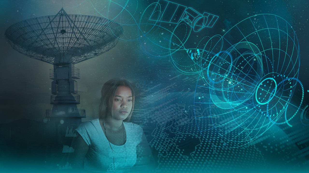 Collage of space elements, ground satellites and female coder