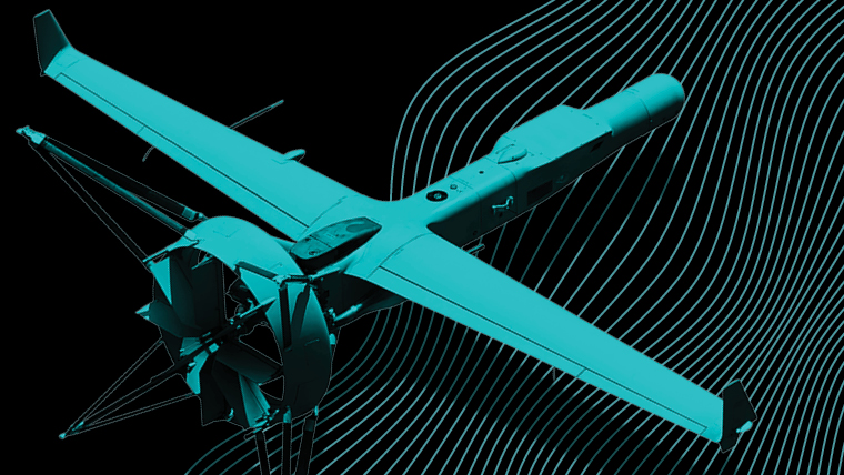 Shield-AI's V-Bat drone flying over an illustrated field