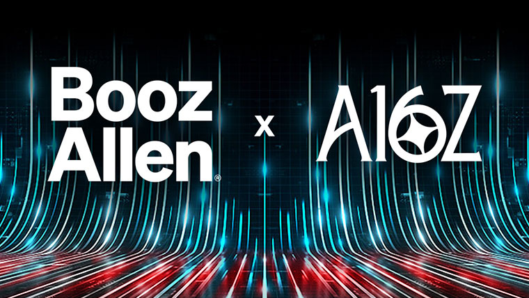 booz allen x a16z logo lockup on abstract wave